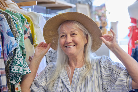 Senior Woman Buying Used Sustainable Clothes From Second Hand Charity Shop Or Thrift Store Trying On Hatの写真素材