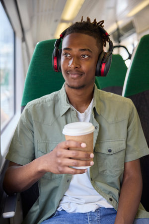 Young Man Commuting To Work Sitting  On Train Wearing Wireless Headphones With Takeaway Coffeeの写真素材