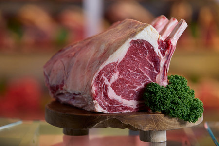 Close Up Of Rib Of Beef On Meat Counter In Butchersの写真素材