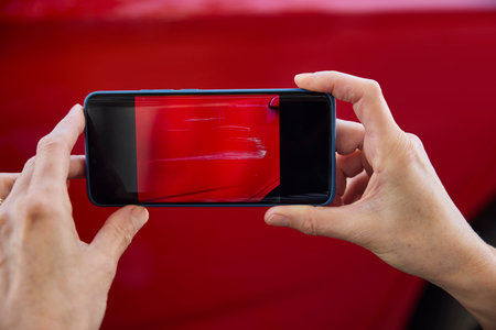Close Up Of Driver Taking Photo Of Damage To Car After Accident  On Mobile Phone