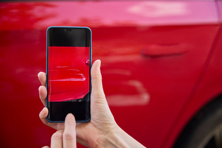 Close Up Of Driver Taking Photo Of Damage To Car After Accident  On Mobile Phone