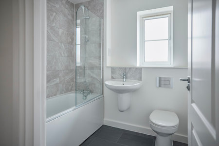 Empty Modern Bathroom With Shower Fitted In New Home On Moving In Dayの写真素材