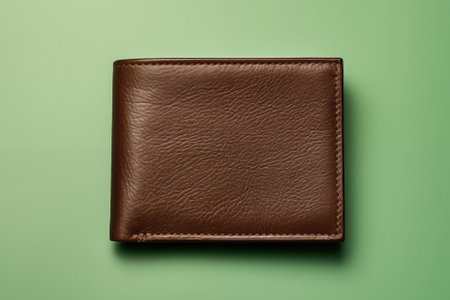 Generative AI Image Of Mans Leather Wallet On Green Background Representing Ethical Or Sustainable Finances And Investmentの素材