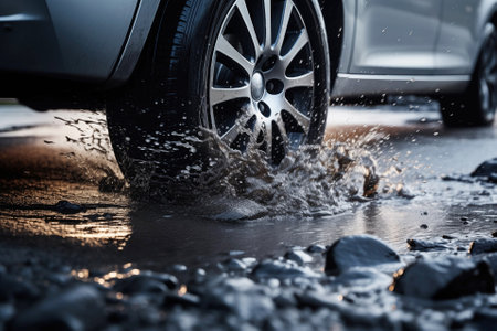 Generative Ai Shot Of Car Wheel Going Through Rain Filled Pot Hole On Damaged Road Surfaceの素材