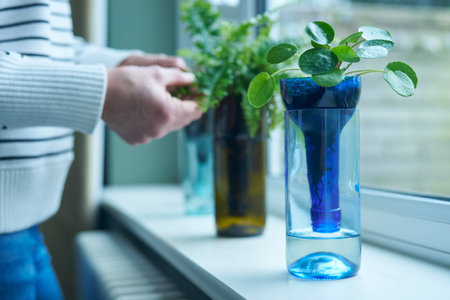 Close Up Of Woman At Home Caring For Plant In Sustainable Pot Or Vase Made From Recycled Glass Bottleの写真素材