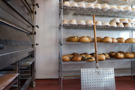 Freshly baked sourdough loaves cooling on racks in bakery with banneton baskets for proving above, oven and paddleの写真素材