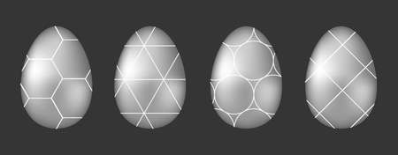 Silver Easter eggs. Elegant design for postcard, invitation, illustration or website. Festive decor. Vector gradient, glitter.のイラスト素材