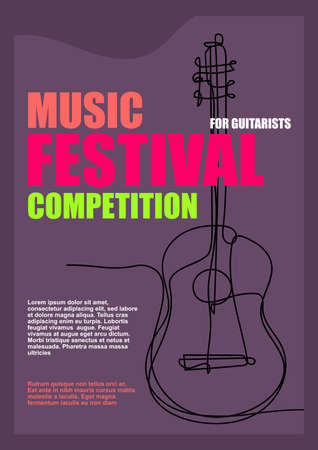 Vector poster one line design guitar for banner, flyer or brochure. Bright neon colors. concert poster designのイラスト素材