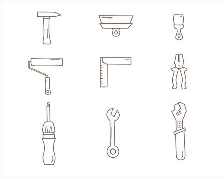 Hand repair tools icons set. including adjustable wrench, hammer, hand screwdriver, nippers, roller, angleのイラスト素材