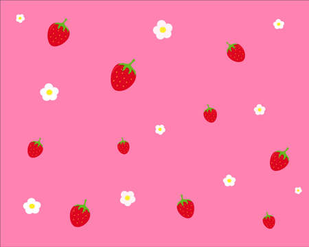 Strawberries and flowers pattern on the pink backgroundのイラスト素材