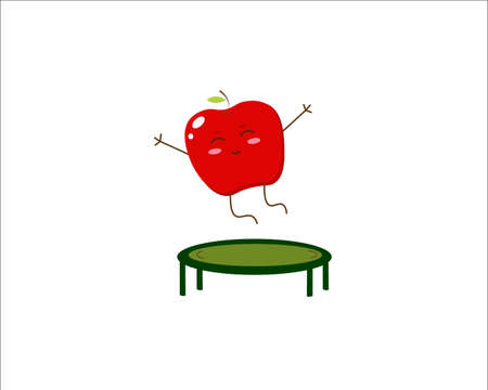 Cute cartoon apple jumping on the trampolineのイラスト素材