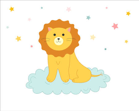 Cute cartoon lion on the cloud surrounded by starsのイラスト素材