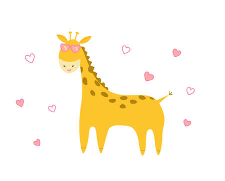 A cute giraffe with glasses surrounded by heartsのイラスト素材