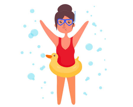 A cute cartoon girl with lifebuoy ring and swimming mask surrounded by bubblesのイラスト素材