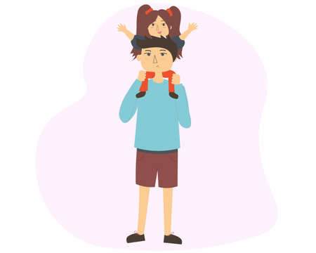 Dad and daughter on his shoulders. Cute cartoon characters. Idea for a greeting card on Father's Dayのイラスト素材