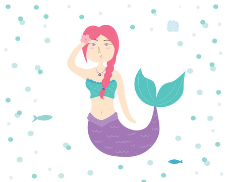 Little cute mermaid with fishes and seashell. Illustration for t shirts, children books.のイラスト素材