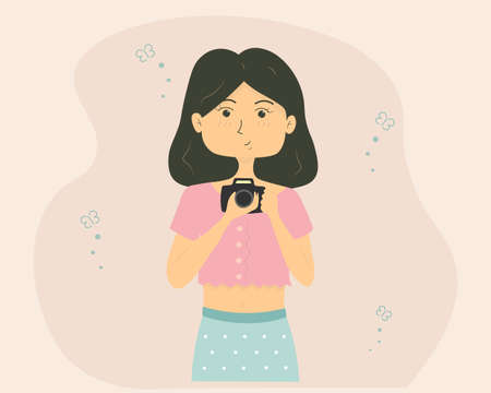 Woman photographer with camera. Cute cartoon characterのイラスト素材