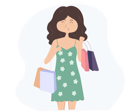 Shopping girl with bags. Cute cartoon vector characterのイラスト素材