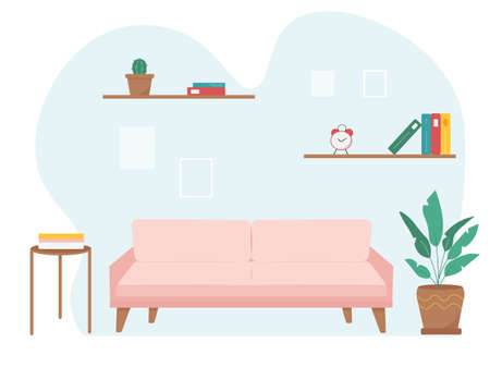 Modern style interior. Sofa, shelves with books and home plants. Flat style illustrationのイラスト素材