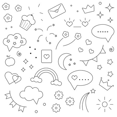 Cute black and white doodles. Flowers, hearts, rainbow moon cupcakeのイラスト素材