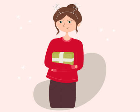 Cartoon christmas girl with a giftのイラスト素材