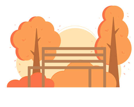 Bench in the autumn park surrounded by trees and bushesのイラスト素材