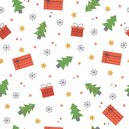 New Year Christmas seamless colorful pattern with Christmas trees and giftsのイラスト素材