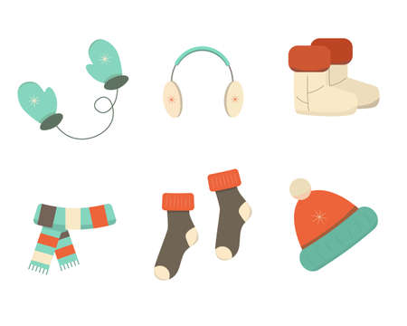 Icons set of the winter clothes. Colorful flat illustrationのイラスト素材