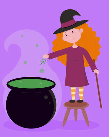 Cute cartoon witch brews potion in pot. Idea for Halloweenのイラスト素材
