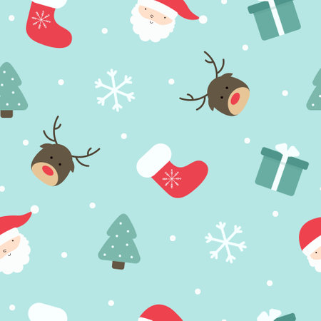 Merry Christmas pattern with gifts, snow, Santa and deerのイラスト素材