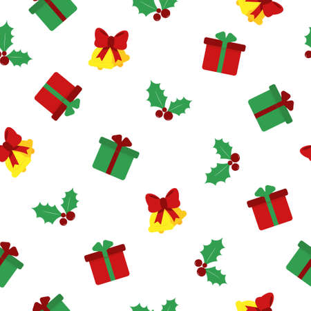 Seamless Christmas pattern with gifts, berries and bellsのイラスト素材