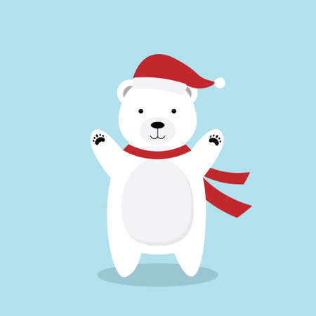 Cute cartoon polar bear in Christmas hat and scarfのイラスト素材