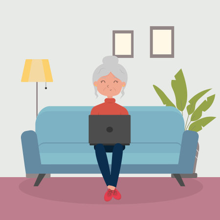 Cute cartoon grandmother with a laptopのイラスト素材