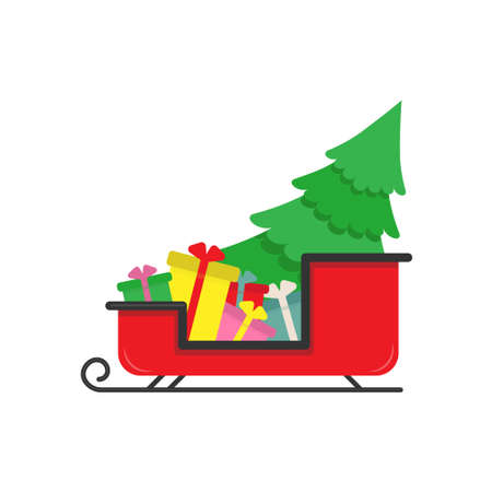 Cute cartoon Christmas sleigh with Christmas tree and giftsのイラスト素材