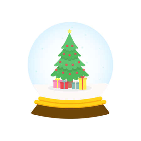 Cute cartoon snowball with Christmas tree and giftsのイラスト素材
