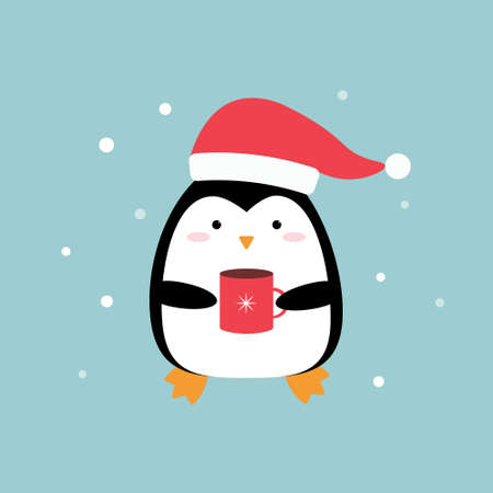 Cute cartoon Christmas penguin with a cacao cupのイラスト素材