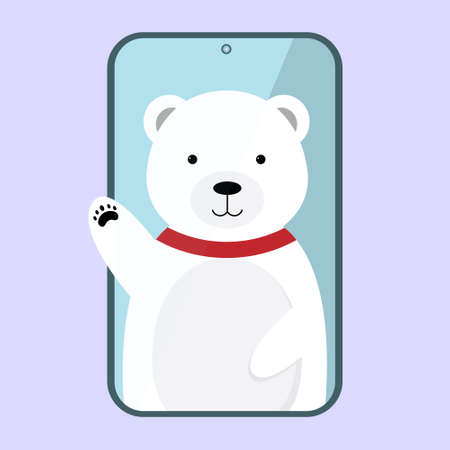 Cartoon polar bear waving from smartphoneのイラスト素材