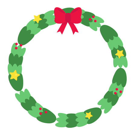 Cute cartoon Christmas wreath with stars and berriesのイラスト素材