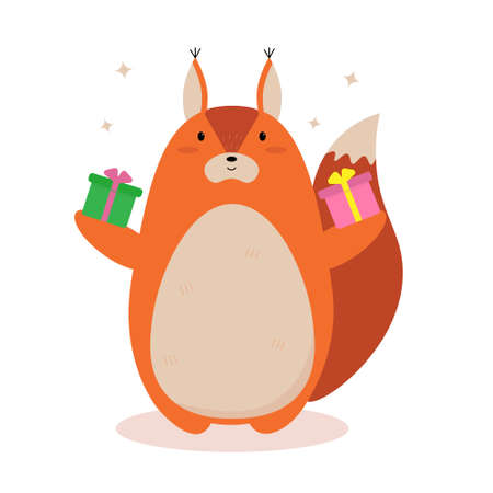 Cute cartoon squirrel with Christmas giftsのイラスト素材