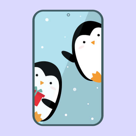 Cute cartoon penguins in the smartphoneのイラスト素材