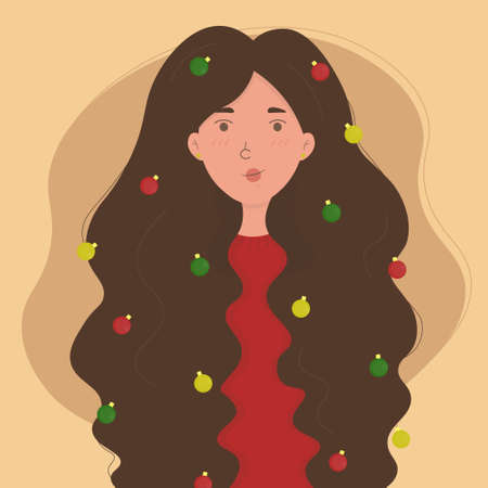 Cute cartoon girl with Christmas balls in her hairのイラスト素材