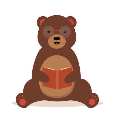 Cute cartoon bear in glasses reading a bookのイラスト素材