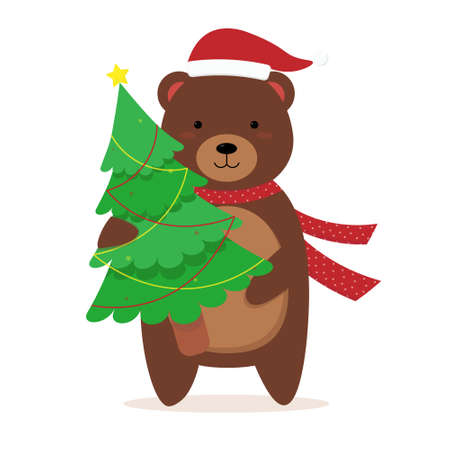 Cute cartoon bear with Christmas treeのイラスト素材