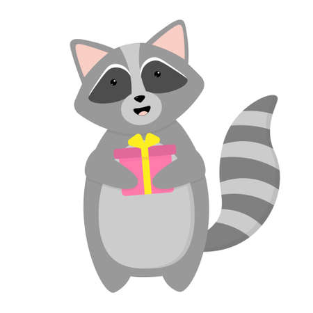 A cute cartoon raccoon kid with a giftのイラスト素材