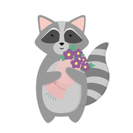 Cute raccoon with a bouquet. cartoon characters. Idea for ST. Valentine's Dayのイラスト素材