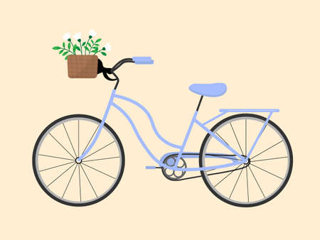 Cartoon blue vintage bicycle with basket of flowersのイラスト素材