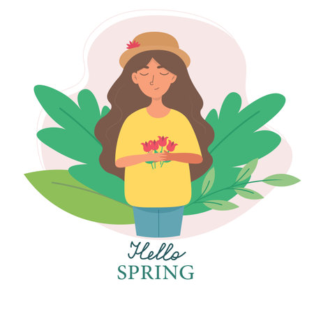 Girl with a bouquet of flowers in her hands. Hello spring. Vector illustrationのイラスト素材
