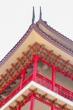 Ornate Red Roof Corner of a Traditional East Asian Pagoda.
