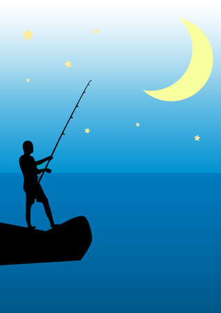 Night fishing from the rocks on the background of the Moonのイラスト素材