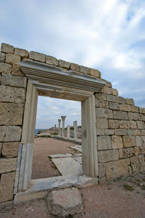 The ancient ruins overlooking the columns. The ancient city of Hersonissos